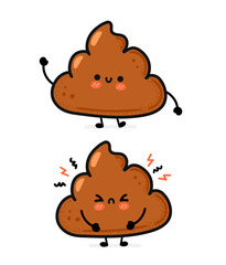 Cute funny happy and sad sick poop. Vector hand drawn cartoon kawaii character illustration icon. Isolated on white background. Funny cartoon poop, shit mascot character concept