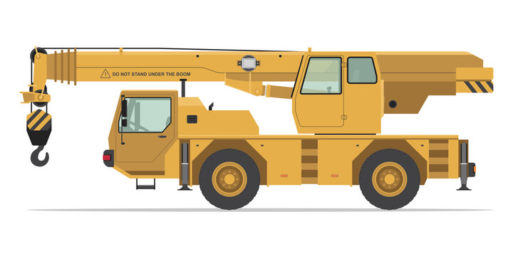 Crane Truck Isolated Detailed Vector Illustration Sideview, Heavy Equipment, Construction Vehicles, Machinery
