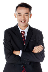 young attractive asian business man wearing black suit with white shirt and necktie crossing his arms smiling white background Isolated