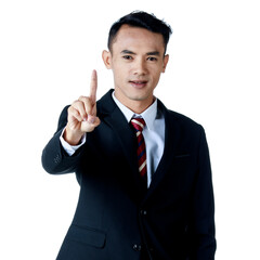 young attractive asian business man wearing black suit with white shirt and necktie raise his index finger and smile in white background isolated