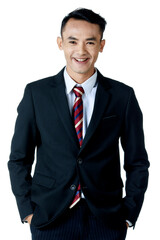 young attractive asian business man wearing black suit with white shirt and necktie hands in pockets  smiling in white background isolated.
