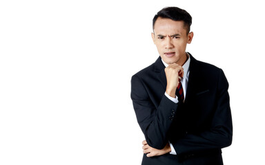 young attractive asian business man wearing black suit with white shirt and necktie do the thinking pose with curious face and hand on his chin in white background  isolated