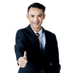 Young attractive asian business man wearing black suit with white shirt and necktie puts his thumbs up smiling in white background isolated