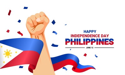 Happy Philippine Independence Day, which is commemorated every 12 June, with a hand holding the symbol of the spirit of independence, vector illustration.