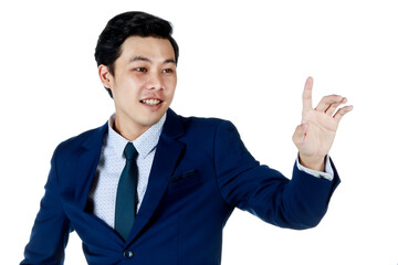 Young attractive asian business man wearing navy blue suit with white shirt and necktie smiling and, put his hands out to reach something. White background isolated
