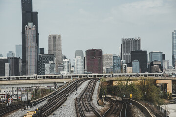 Fototapeta na wymiar Train subway view at Chicago, Vintage Chicago skyline