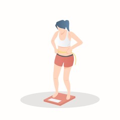 Woman standing worry about her body shape and weight,She felt uncomfortable,Tape measure at the waist and plump it up,Old pants can't fit properly,It's time to lose weight for health,illustration.