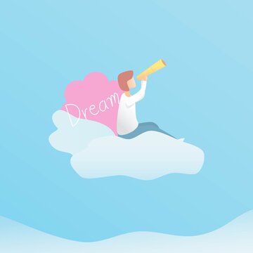 What do your dream look like concept,young woman holding binoculars sit on clouds in the sky,Looking for what I wanted to be and was a childhood dream,Find passion in life,vector illustration.