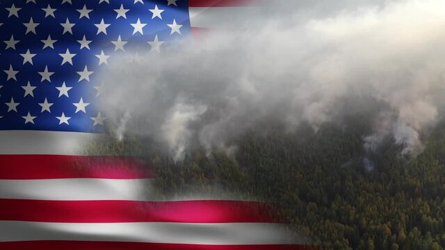 Massive Smoking forest fire split with a waving USA Flag - 3D render animation