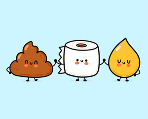 Cute funny happy poop,urine drop and toilet paper. Vector hand drawn cartoon kawaii character illustration icon. Funny cartoon poop, urine and toilet paper mascot character concept