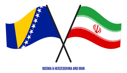 Bosnia & Herzegovina and Iran Flags Crossed And Waving Flat Style. Official Proportion Colors.