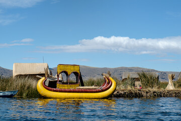 Traditional Uros Indian Reed Boat on Lake Titicaca