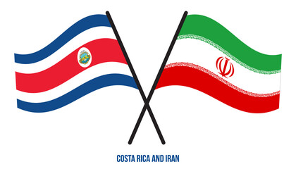 Costa Rica and Iran Flags Crossed And Waving Flat Style. Official Proportion. Correct Colors.
