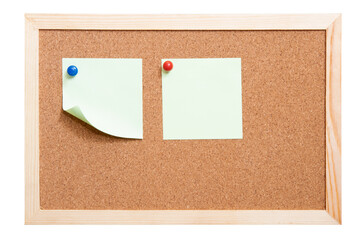 Paper notes sticky in Cork board. note papers on an old wood frame.