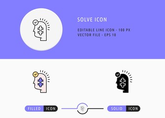 Fototapeta premium Solve icons set editable stroke vector illustration. Problem solving advise symbol. Icon line style on isolated background for ui mobile app, web design, and presentation.