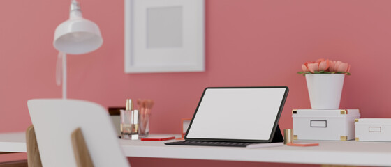 Digital tablet with mock-up screen and accessories on the desk with beauty items and decorations, 3D rendering