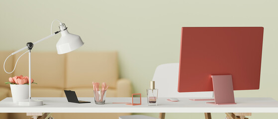 Front view of feminine working desk with computer, cosmetics, flower vase and lamp, 3D rendering