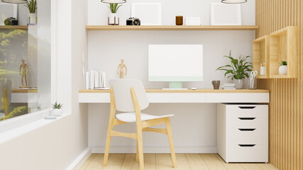 Cozy home office room in terror design with computer, decorations and wooden furniture, 3D rendering