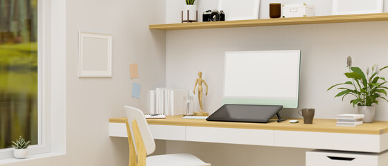 Home office room in terror design with computer, drawing tablet, decorations and wooden furniture, 3D rendering