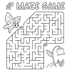 Maze puzzle game for children. Outline maze or labyrinth game with butterfly and flower.