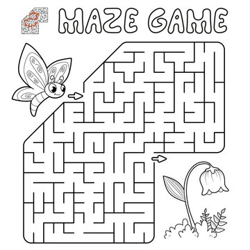 Maze puzzle game for children. Outline maze or labyrinth game with butterfly and flower.
