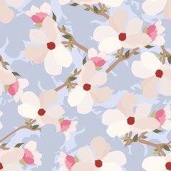 Vintage flowers. Seamless pattern. A branch of a blossoming tree. Flat vector isolated illustration. Pastel colors.