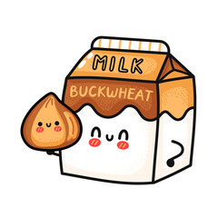 Cute funny buckwheat milk box hold groat. Vector hand drawn cartoon kawaii character illustration icon. Isolated on white background. Buckwheat milk paper box mascot character concept