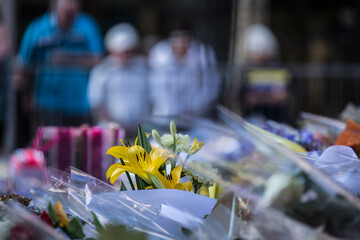 A sea of floral wreaths seen at Martin Place, Sydney after a tragic event happened there.