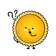 Cute funny Sun with question marks. Vector hand drawn cartoon kawaii character illustration icon. Isolated on white background. Sun mascot character concept