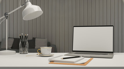 Simple workspace in living room with laptop, stationery, lamp and coffee cup, 3D rendering