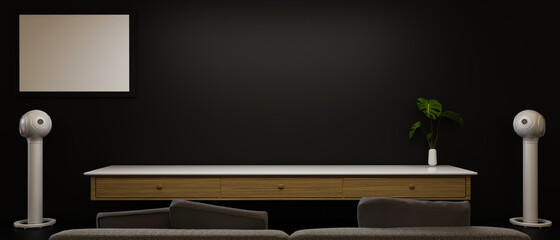 Living room interior design with console table, sofa, speakers and decorations, 3D rendering