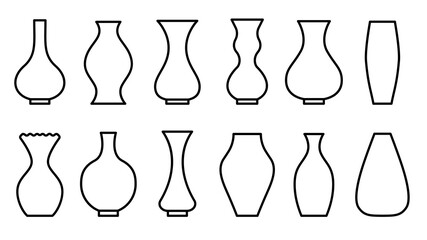 Vases black line outline symmetrical vector flat set. Icons for mobile applications and websites. Design element, decor object. Stickers and labels. For posters, banners, advertisements, logos.