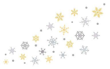 Snowflakes six-pointed of brown and gray shades of different shapes and sizes on a white isolated background, even and symmetrical lined with a wave bend, background for text, wrapping paper. Vector