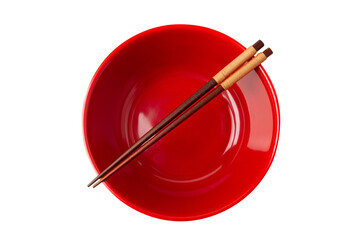 Top view of red empty bowl and chopsticks are placed on top of the bowl isolated on a white...