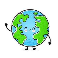 Cute funny happy Earth planet. Vector hand drawn cartoon kawaii character illustration logo icon. Isolated on white background. Earth planet, ecology, eco mascot character concept