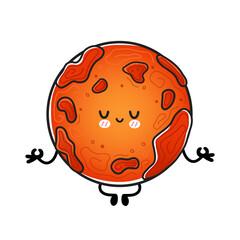 Cute funny happy Mars planet meditate in yoga pose. Vector hand drawn cartoon kawaii character illustration icon. Isolated on white background. Space exploration, Mars planet cosmos character concept
