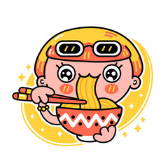 Cute funny girl eat noodles from bowl. Vector hand drawn cartoon kawaii character illustration icon. Isolated on white background. Asian food, japanese,korean noodle mascot cartoon character concept