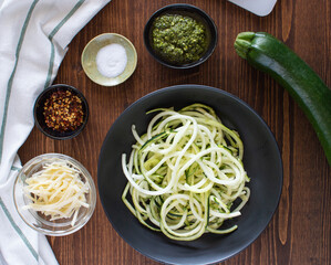 Zucchini noodles with Pesto, Parmesan, Chile Flakes
