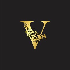 Golden Luxury Letter V Logo Icon. Vector design ornate with elegant decorative style.