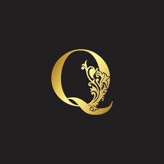 Golden Luxury Letter Q Logo Icon. Vector design ornate with elegant decorative style.