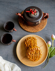 Popular mooncake eaten during Mid-Autumn Festival / Traditional Chinese Mooncake / Comes in red bean and lotus paste with or without egg yolk. Chinese words are egg yolk lotus paste and red bean paste