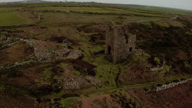 Aerial orbit around the gloomy ruins of the Cornish tin mines.