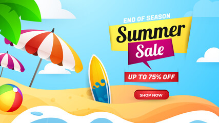 Summer sale banner end of season template flyer with beach illustration