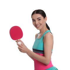 Beautiful young woman with table tennis racket and ball on white background. Ping pong player