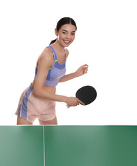 Beautiful young woman playing ping pong on white background
