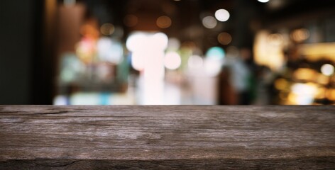 Empty wooden table in front of abstract blurred background of coffee shop .