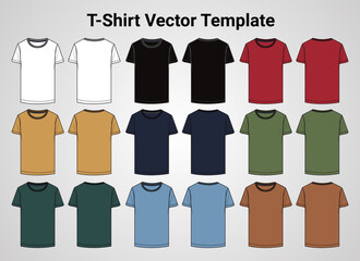 Multi color Short sleeve T-shirt vector template front and back view.