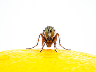 P1010256 long-legged fly (Dolichopodidae species) facing camera while on lemon cECP 2020