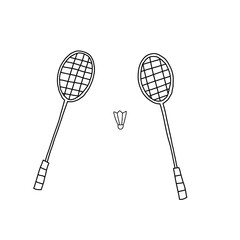 Hand drawn vector illustration of two crossed badminton racquets or rackets with shuttlecock birdie. Cartoon doodle style isolated on white background.
