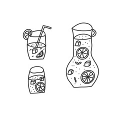 Hand drawn vector illustration of lemonade pitcher with two full glasses of lemonade. Cartoon abstract doodle style isolated on white background.